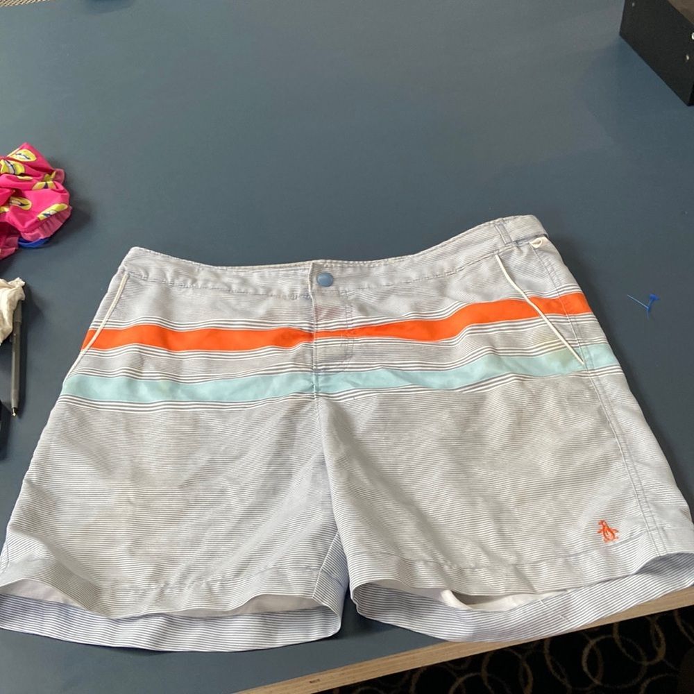 Penguin by Munsingwear original swimsuit shorts in blue and orange stripes